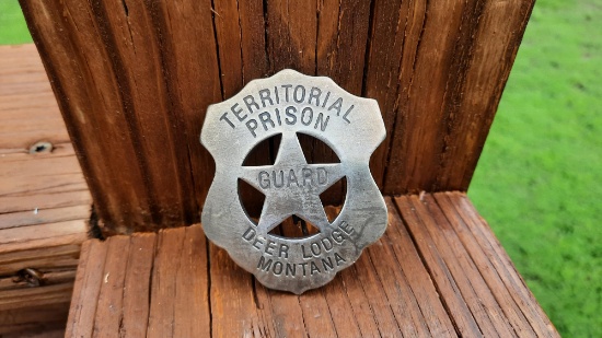 Metal Territorial Prison Guard Deer Lodge Montana Badge Shield with Cut-out Star
