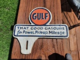 Cast Iron Gulf That Good Gasoline License Plater Topper Fob Gas & Oil Car
