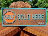 Heavy Cast Iron Gulf Sold Here Dated 1944 Sign Plaque