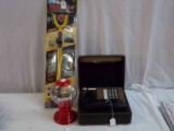 Misc. Lot: Vintage desk phone, skittles gumball machine, auto theft steering wheel lock NIP