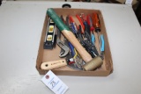 Box Lot- Screwdrivers, Brass Hammer, Pliers, Level.