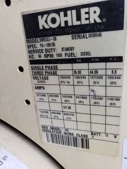 3 Phase 30KW Kohler Generator