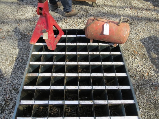 Bolt Bin with Bolts, Jack stand, and 2-gal air tan