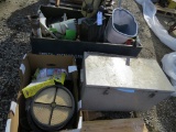 Drill Press, Metal boxes with Misc