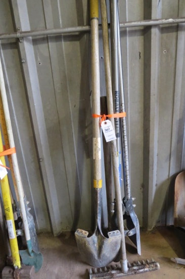 Mix Lot Post Hole Digger, Sledge Hammer, Shovel & Rake