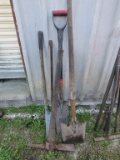 pick axe, 2 shovels & pry bar