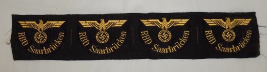 WWII German Uncut Strip of Four RBD Saarbrucken Sleeve Eagles