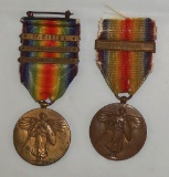 2 pcs. WW1 US Victory Medals-Submarine & Defensive Sector w/ Two Place Battle Bars