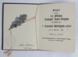 Scarce WW2 German  2nd Class Silver Award Document For Regatta Canoeing