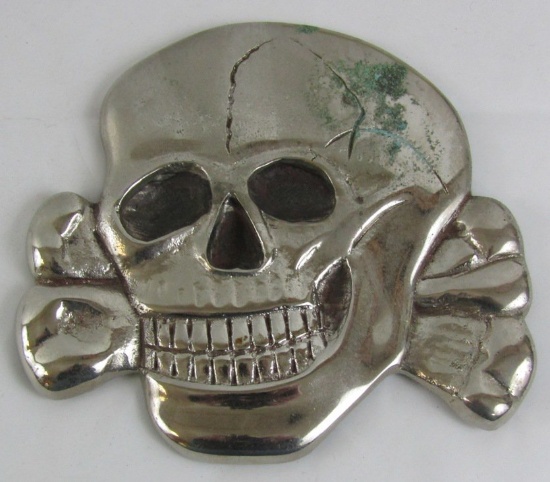 RARE! Large Solid Metal Totenkopf Skull W/Nickel-Silver Finish-For Buildings. Podium..?