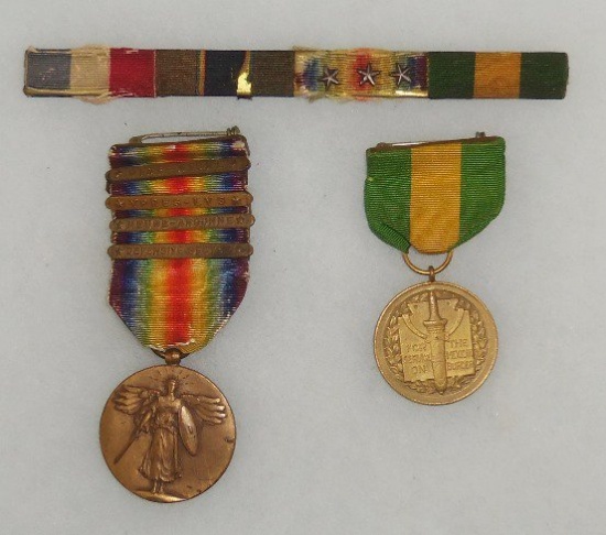 3 pcs. US Mexican Border Service Medal-#red/WW1 Victory Medal W/4 Clasps/ 4 Place Ribbon Bar