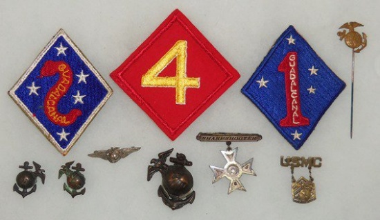 10 pcs. WW2 USMC 1st-2nd-4th Marine Division Sleeve Patches/Hat-Matching Collar EGA's/Misc. Pins