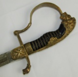 WW2 German Artillery Officer's Lion Head Sword W/Engraved Blade-P.D. Luneschloss