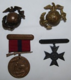 4pcs-WW1 Period USMC Cap EGA's/Good Conduct Medal-Sharpshooter Badge-Named