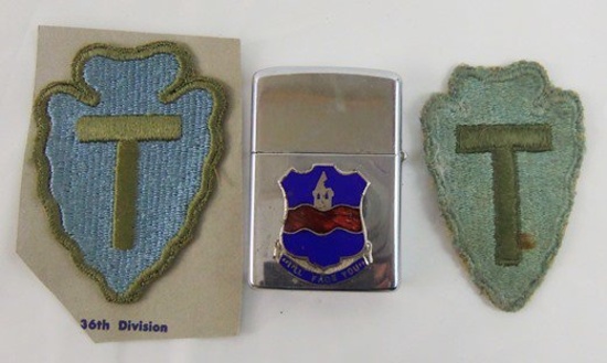 3 pcs. WW2 36th Division Patches/Vietnam War 142nd Inf. Rgt. Zippo Lighter (MA43/RM)