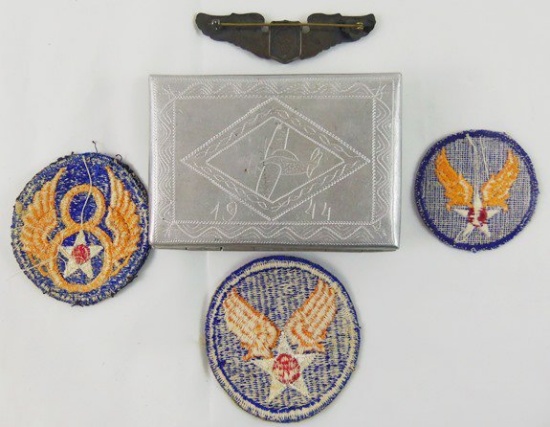 5 pcs. WW2 8th Army Air Force Patch/Wing/Cigarette Case Grouping (MA42)