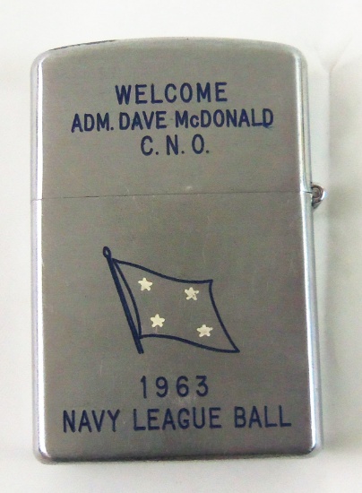 Scarce 1963 "Navy League Ball" Cigarette Lighter-"Welcome ADM. Dave McDonald C.N.O." (MA43)