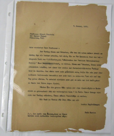 Rare! Original Typewritten Letter To Albert Einstein-From Ruth Norden