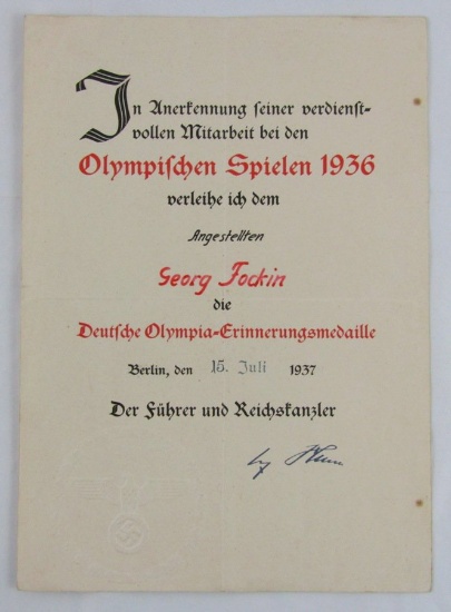 Rare 1936 Berlin Olympics Commemorative Medal For Workers Award Document