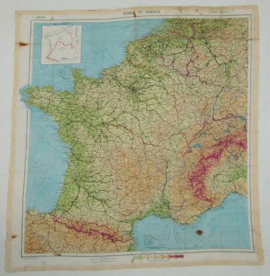Scarce WW2 US Airborne/D-Day Forces "Zone Of France" RAF Silk Invasion Map-Dated 1944