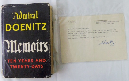 1st Edition Hard Back "Memoirs" By Admiral Doenitz With Original Signed Letter Dated 1966