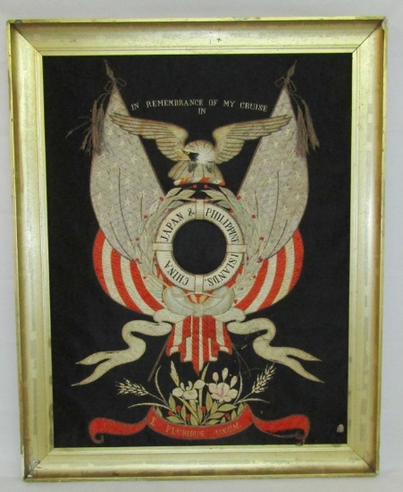 Early 1900's Hand Embroidered USN/USMC Framed Remembrance For the "Great White Fleet" Cruise