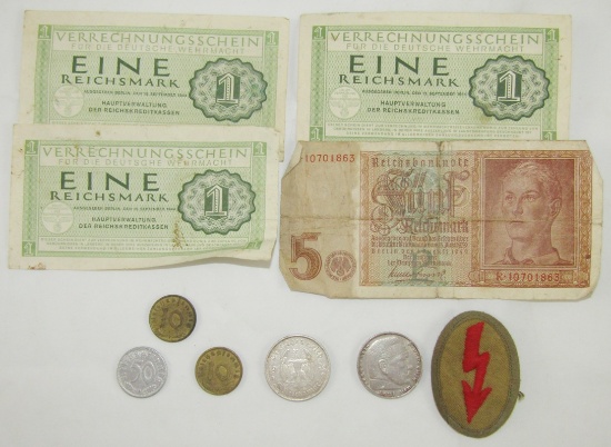 10pcs-WW2 German Wehrmacht Paper Currency-Pfenning Coins-Sterling Reichsmarks.