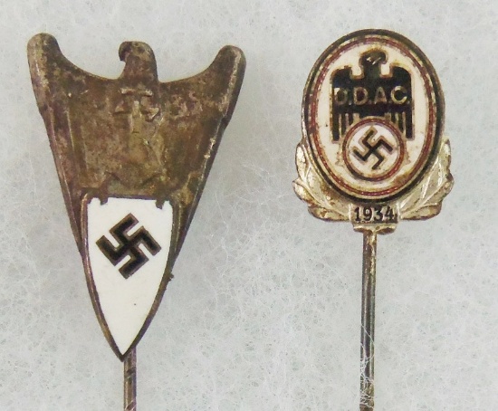 2pcs-Rare WW2 Nazi Industrial Air Travel Workers Loyalty And 1934 DDAC Stickpins