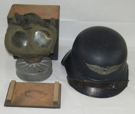 2pcs-WW2 German Luftschutz Helmet-German Civilian Gas Mask With Wood Box