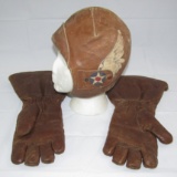 Early Aviation Leather Pilot's Flight Cap/Leather Gloves-Attributed To Ormer Leslie Locklear