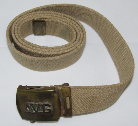 WW2 Period U.S. Military Belt/Brass Buckle With AVG American Vol. Grp-Flying Tigers Insignia