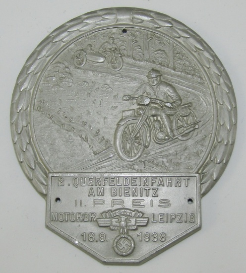 1938 Dated NSKK 2nd Place Award Plaque For Cross Country Motorcycle Race