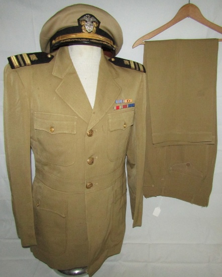 WW2 USN Lt. Commander Tan Service Tunic-Cap-Pants-Named-Civil Engineer Corps