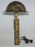 WW2 Trench Art Lamp With Hand Painted M1917 Helmet For Shade.