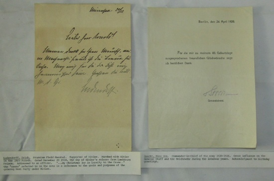 2pcs-Signed Docs/Letters Early 3rd Reich Loyalists-Ludendorff & Von Seeckt