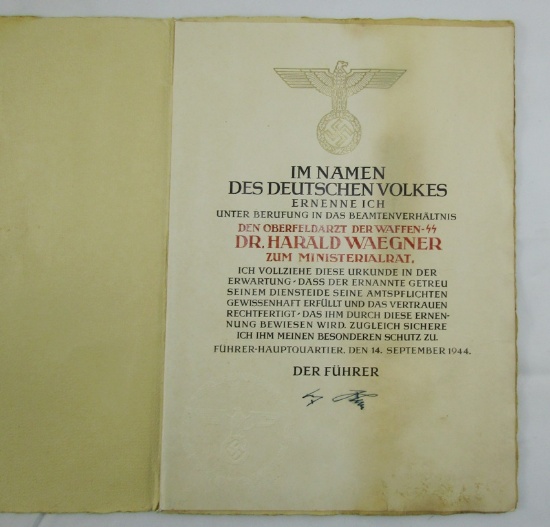 Promotion Document for Civil Service In the Waffen SS-War Criminal Dr. Waegner