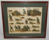 Scarce WW2 Period Framed Uncut Sheet Of Paper Soldiers