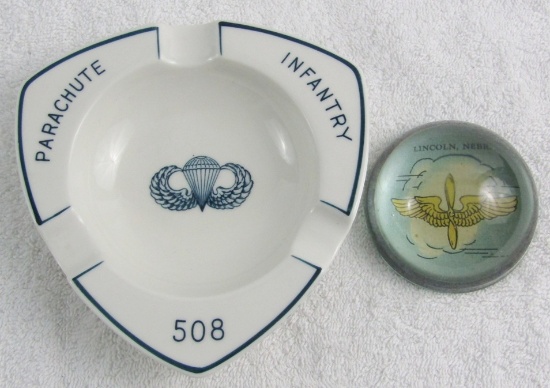 2pcs-508th Parachute Infantry Ashtray And US Army Air Corp Glass Paperweight.