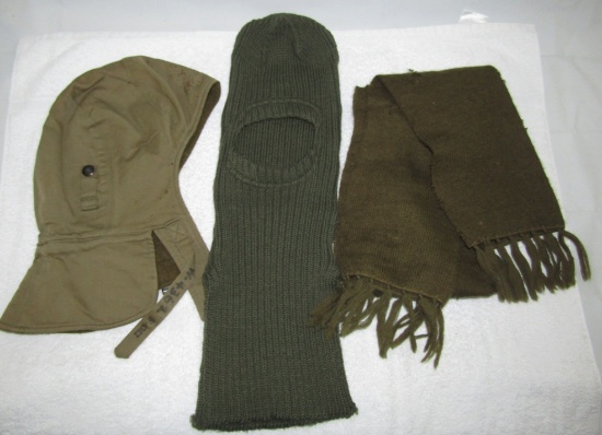 3pcs-WW2 Period U.S. Tanker Cap-Army Green Cold Weather Toque And Wool Flyers Scarf