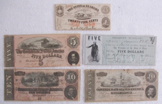 5 pcs. Civil War Confederate Currency