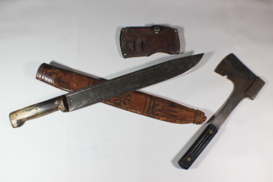 Early Cast Steel Sheffield Hunting Knife W/ Horn Handle & Unmarked Hatchet.