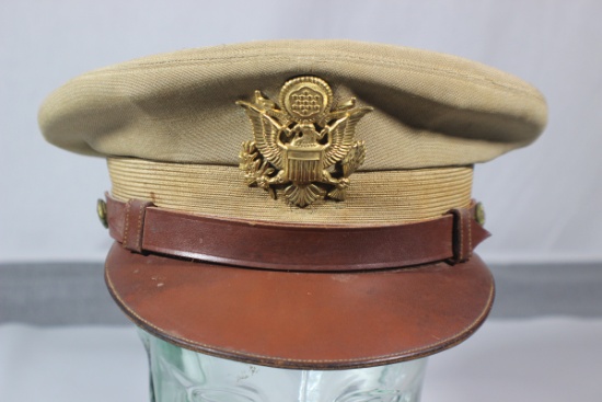 Super Nice US WW2 Army Officer's Khaki Bancroft Visor Cap. Named. Great Look.