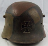 WW1 Austrian M18 Helmet With Camo Finish/Liner. Unique Iron Cross Painted On Front