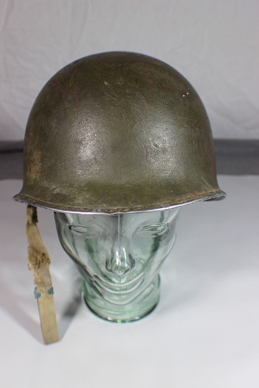 US WW2 Front Seam Fixed Bale M1 Helmet W/ Liner. Some Damage.