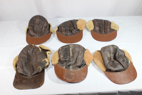 Lot of 6 US WW2 Leather Shearling B-2 Air Crew Caps.
