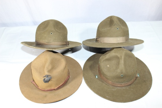 Lot of 4 US WW2 & Earlier Campaign Hats. 1 USMC W/ EGA. Moth Damage.