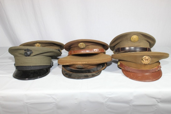 6 Visor Caps. 5 US WW2 Enlisted Visors. 1 Later USMC Enlisted Visor.