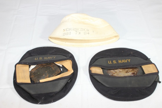 3 US WW2 Navy Hats. 2 Donald Duck Caps & 1 Named Dixie Cup Hat.