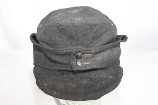 WW2 German Black Panzer M43 Cap. Removed Trap. Heavily Soiled. Black Wool. No Markings.