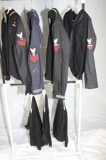 Lot of US WW1 & WW2 US Navy Jumper Uniform Pieces. 4 Tops. 3 Pants.